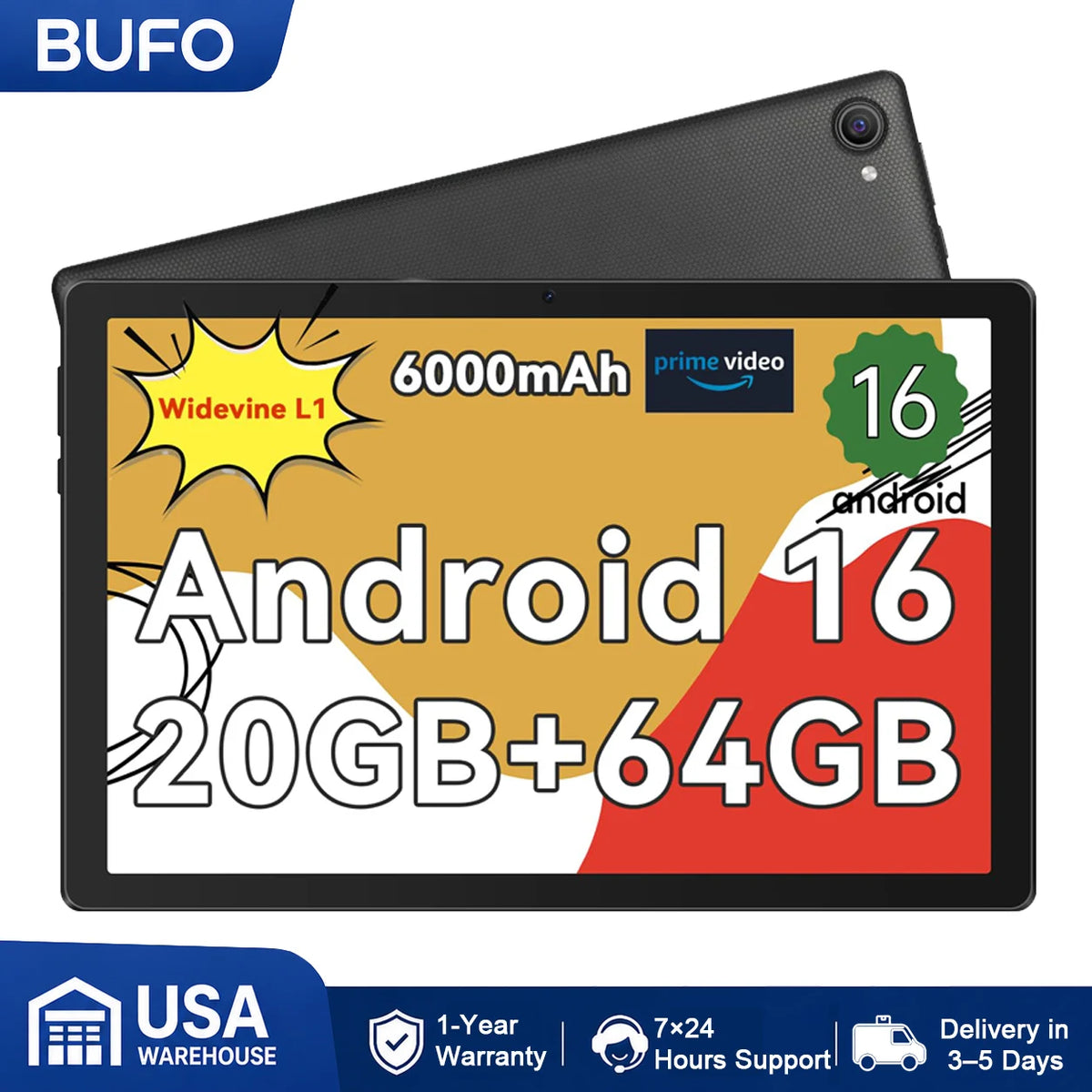 10 Inch Android 16 Tablet with Face ID 20(3+17)GB+64GB/1TB TF OTG IPS 1280*800 WiFi 6 BT5.3 Dual Camera 5MP+8MP 6000mAh Widevine L1 Support