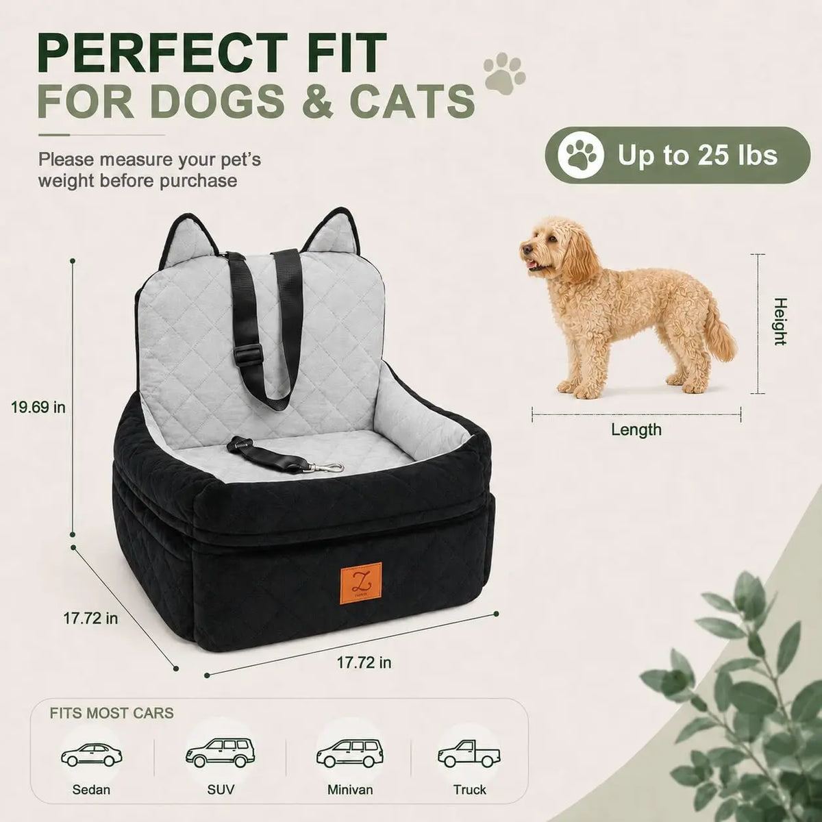 Dog Car Seat Booster For Small Dogs Up To 25 lbs, Pet Car Seat Wtih 6-inch Booster, Safety Belt, Non-slip Base, High-density Foam, Washable Cover For Travel
