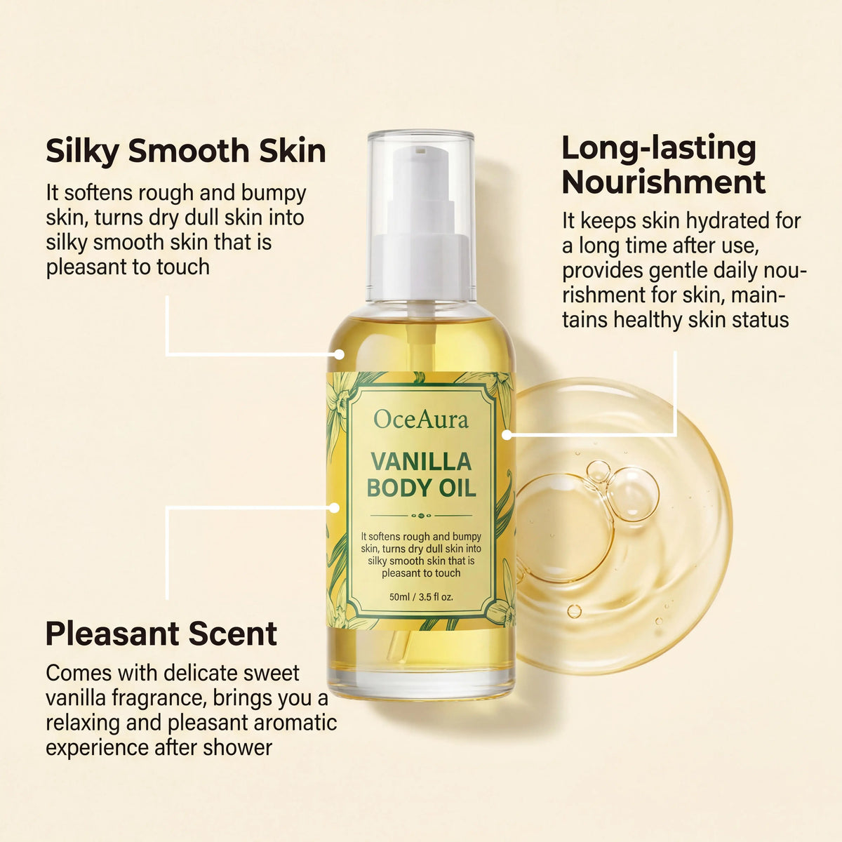 OceAura Vanilla Body Oil Lightweight Texture Long Lasting Fragrance Gentle Moisturizing Relieve Roughness Soft Relaxing Body Essence