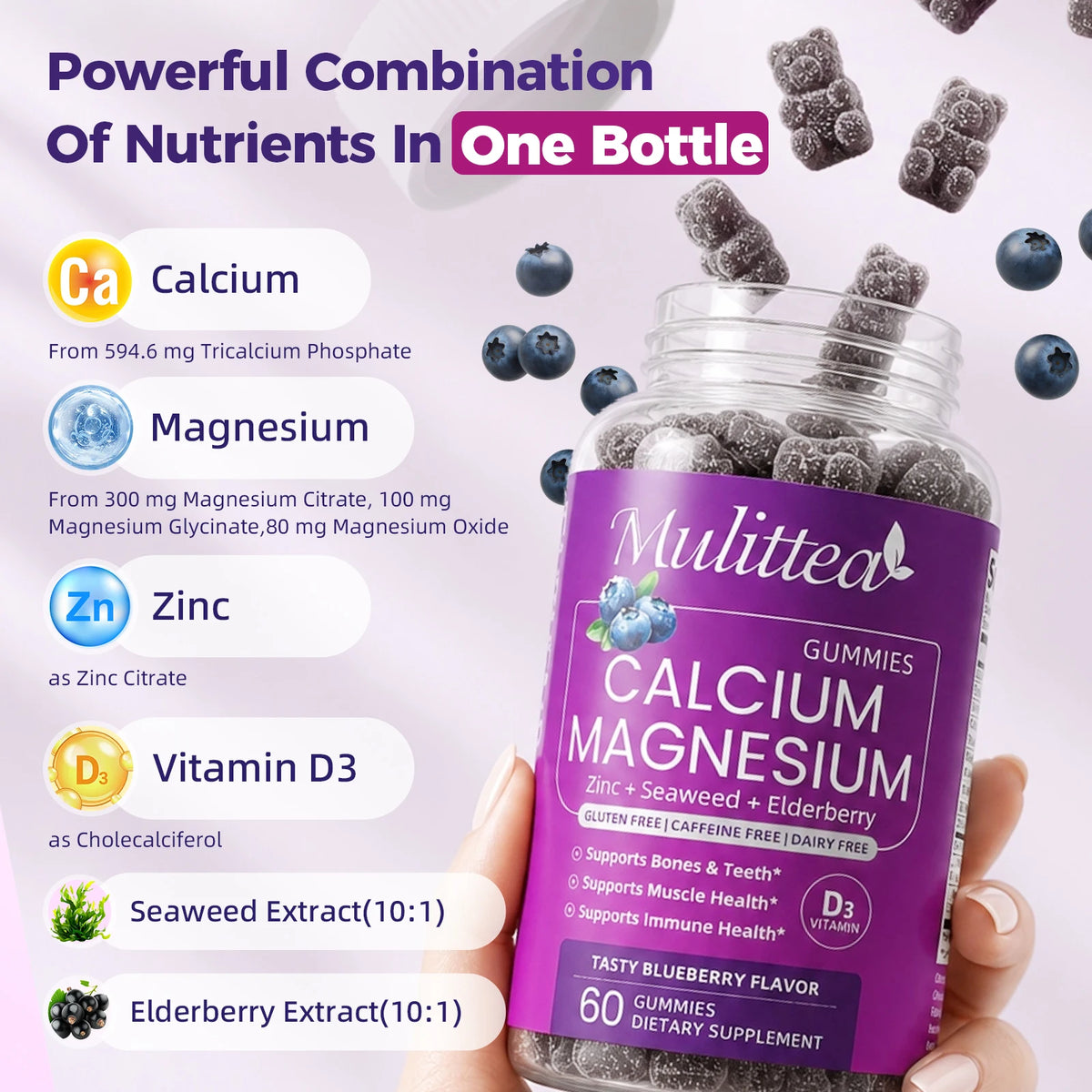 Mulittea Plant Based Calcium Magnesium Zinc Gummies With Vitamin D3