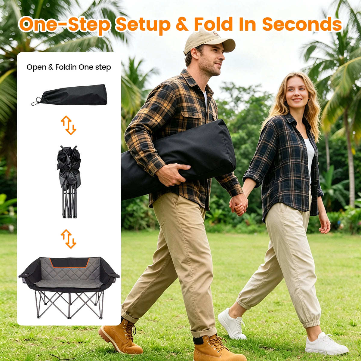 Heavy Duty Double Folding Camping Chair With Cup Holder Storage