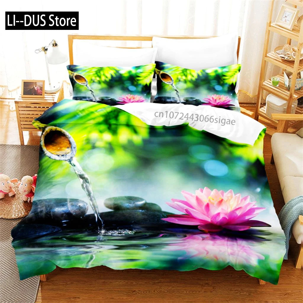 Pink Lotus Duvet Cover Set Featuring Stream Water Design Bedding