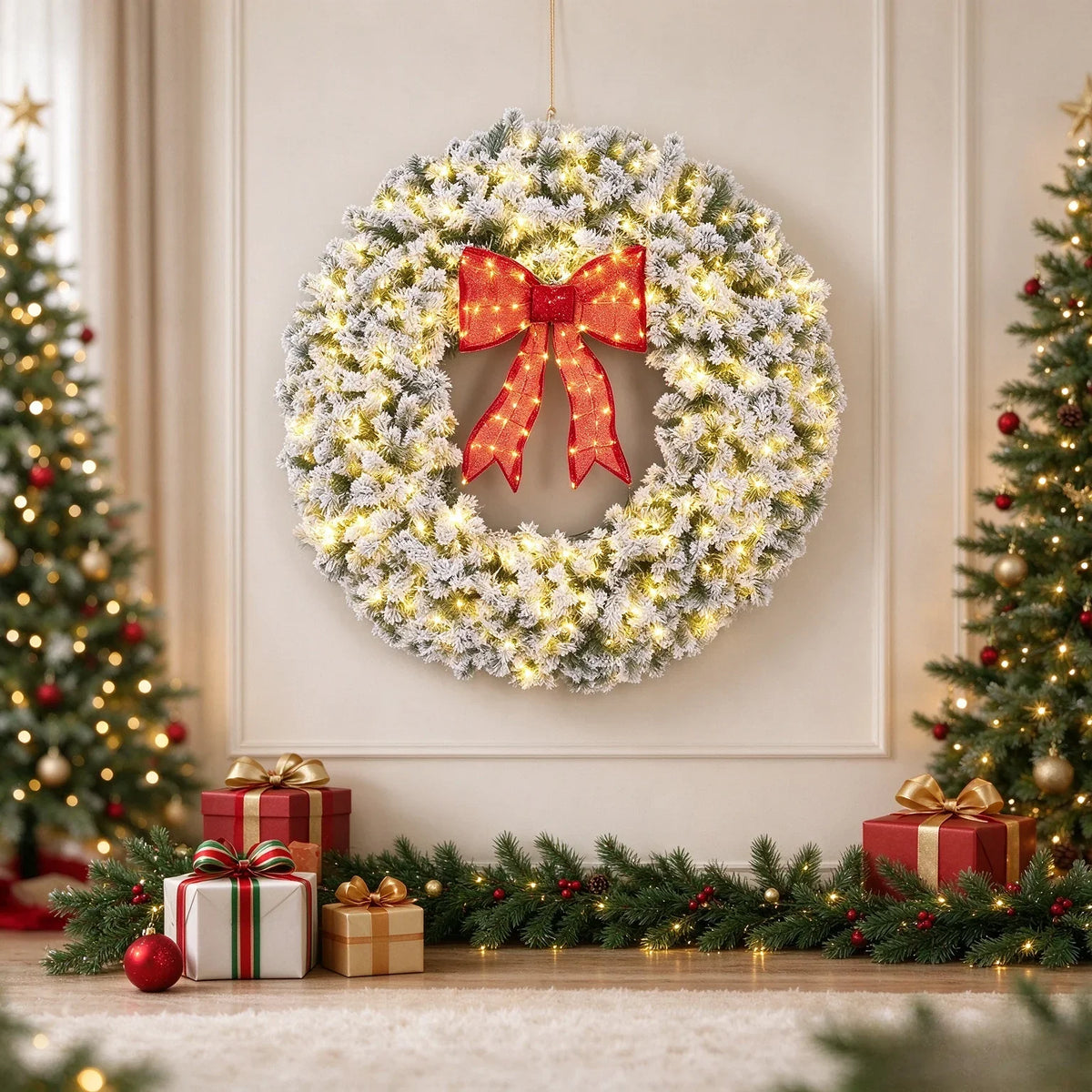 Garvee 48inch Pre-Lit Flocked Christmas Wreath with Red Bow & Warm White Lights Weather-Resistant PVC Holiday Door Decor for Indoor/Outdoor Use