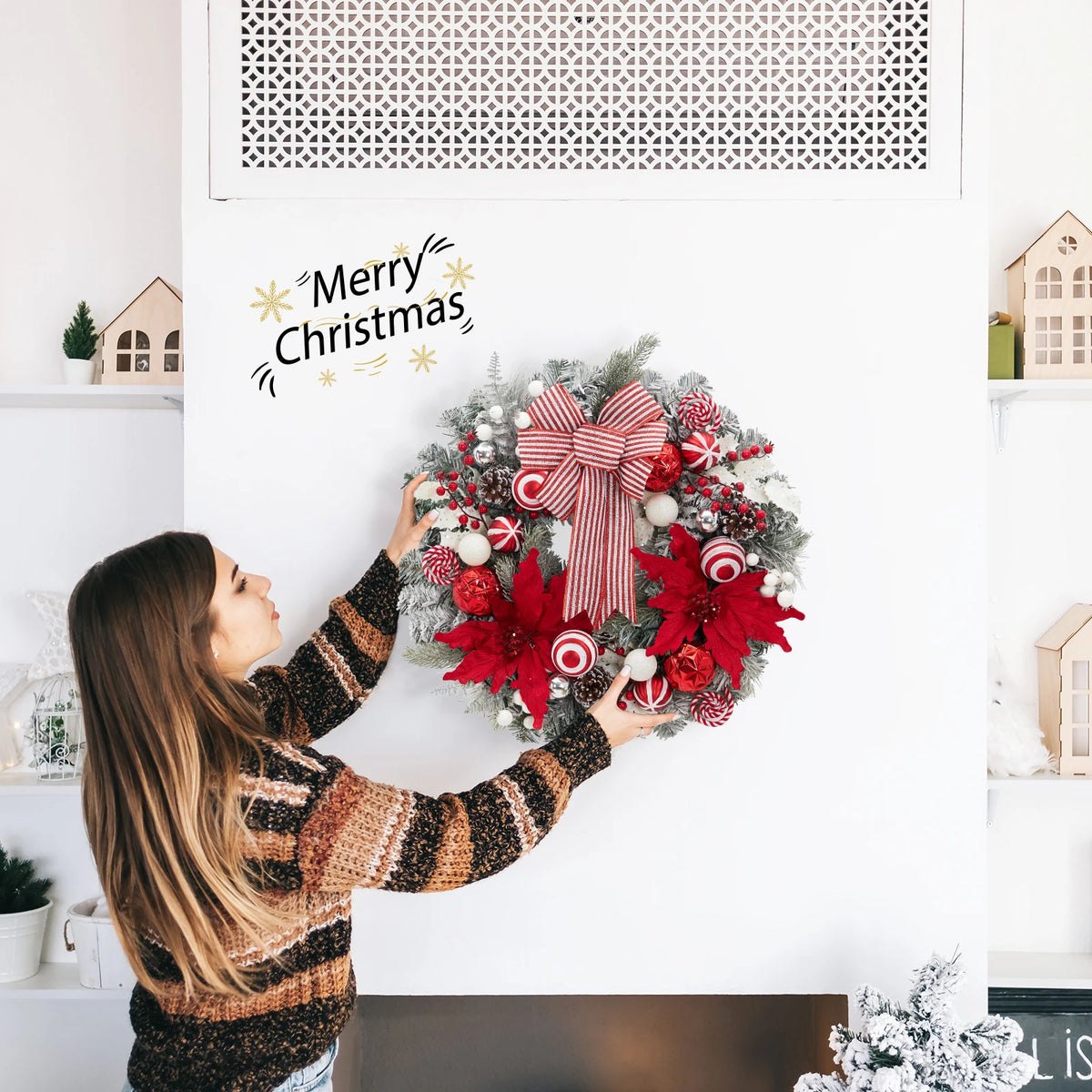 24" Pre-Lit Christmas Wreath, Artificial Flocked Garland with Red Bow, Poinsettias, Ball Ornaments, Pinecones & 8 Modes LED Lights for Front Door, Fireplace, Wall & Window Decor