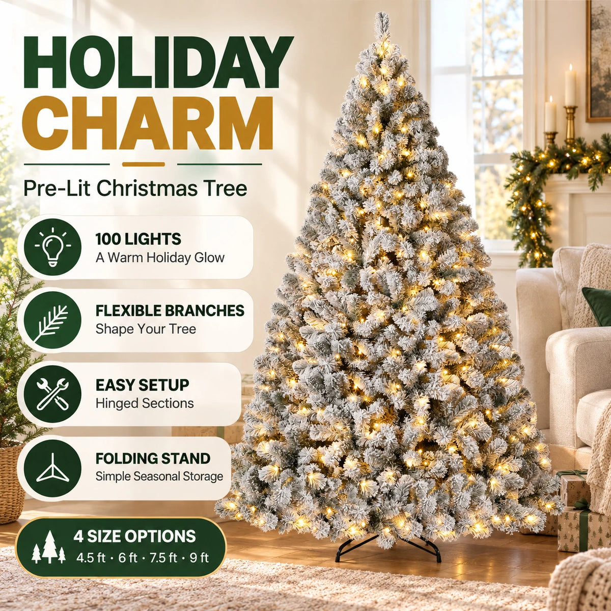 Anixol Prelit Artificial Christmas Tree With 100 Lights And Snowflake Decor