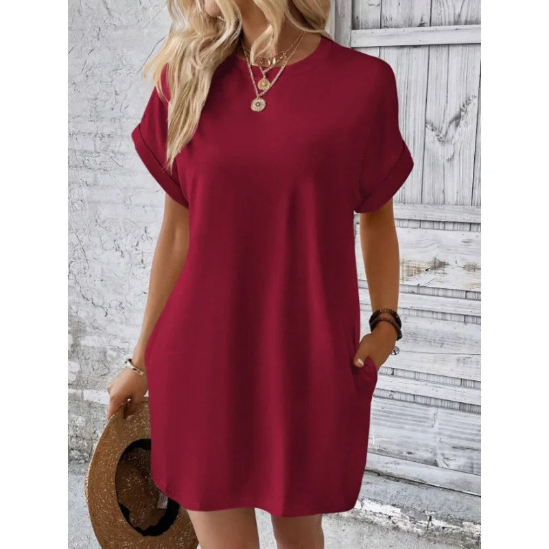 Women's Simple Solid Color Pocket Bat-Sleeve T-Shirt Dress, Summer Casual Round-Neck Short Dress with Rolled Sleeves, Casual Everyday Wear, Fashionable Women's Loose Dress, Apricot Color