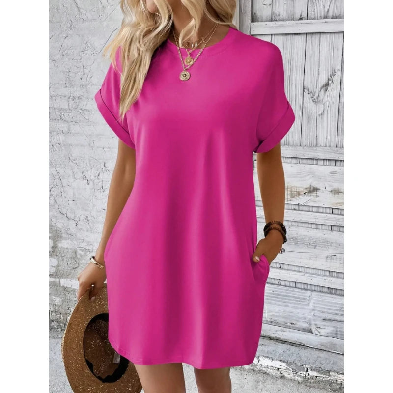 Women's Simple Solid Color Pocket Bat-Sleeve T-Shirt Dress, Summer Casual Round-Neck Short Dress with Rolled Sleeves, Casual Everyday Wear, Fashionable Women's Loose Dress, Apricot Color