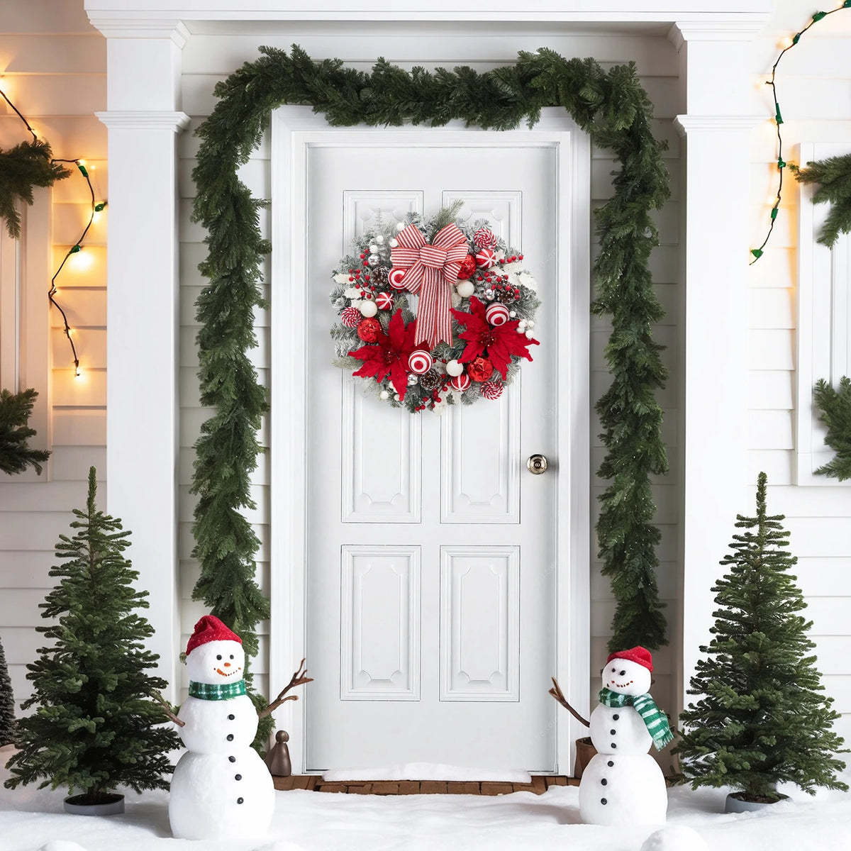 24" Pre-Lit Christmas Wreath, Artificial Flocked Garland with Red Bow, Poinsettias, Ball Ornaments, Pinecones & 8 Modes LED Lights for Front Door, Fireplace, Wall & Window Decor