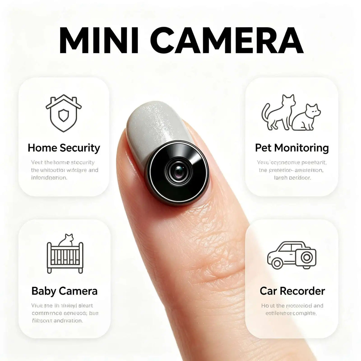 E12 Mini WiFi Security Camera, 4K Ultra HD tiny surveillance cam with infrared night vision, motion detection alert, loop recording. Compact portable design for home, office, car indoor monitoring. Real‑time phone remote vi