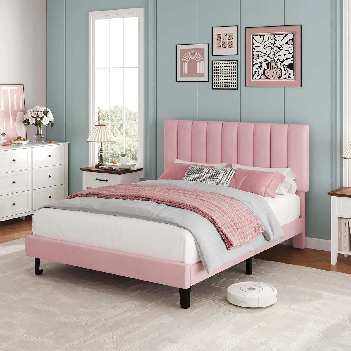 HiMISS Upholstered Platform Bed With Adjustable Tufted Headboard Wood Slats
