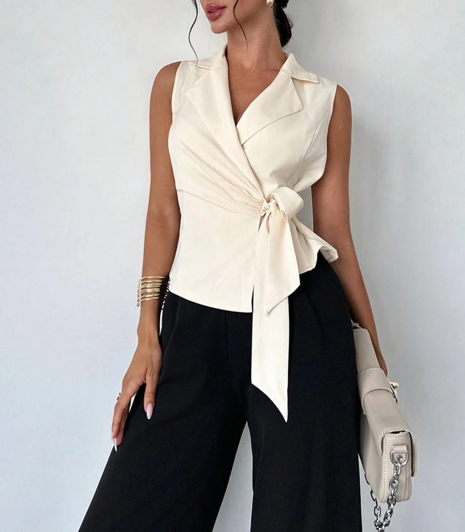 Spring Summer New Ladies Solid Color Fashion V-Neck Waist Belt Design Shirt Casual Commute Streetwear Gather Comfortable Versatile Top