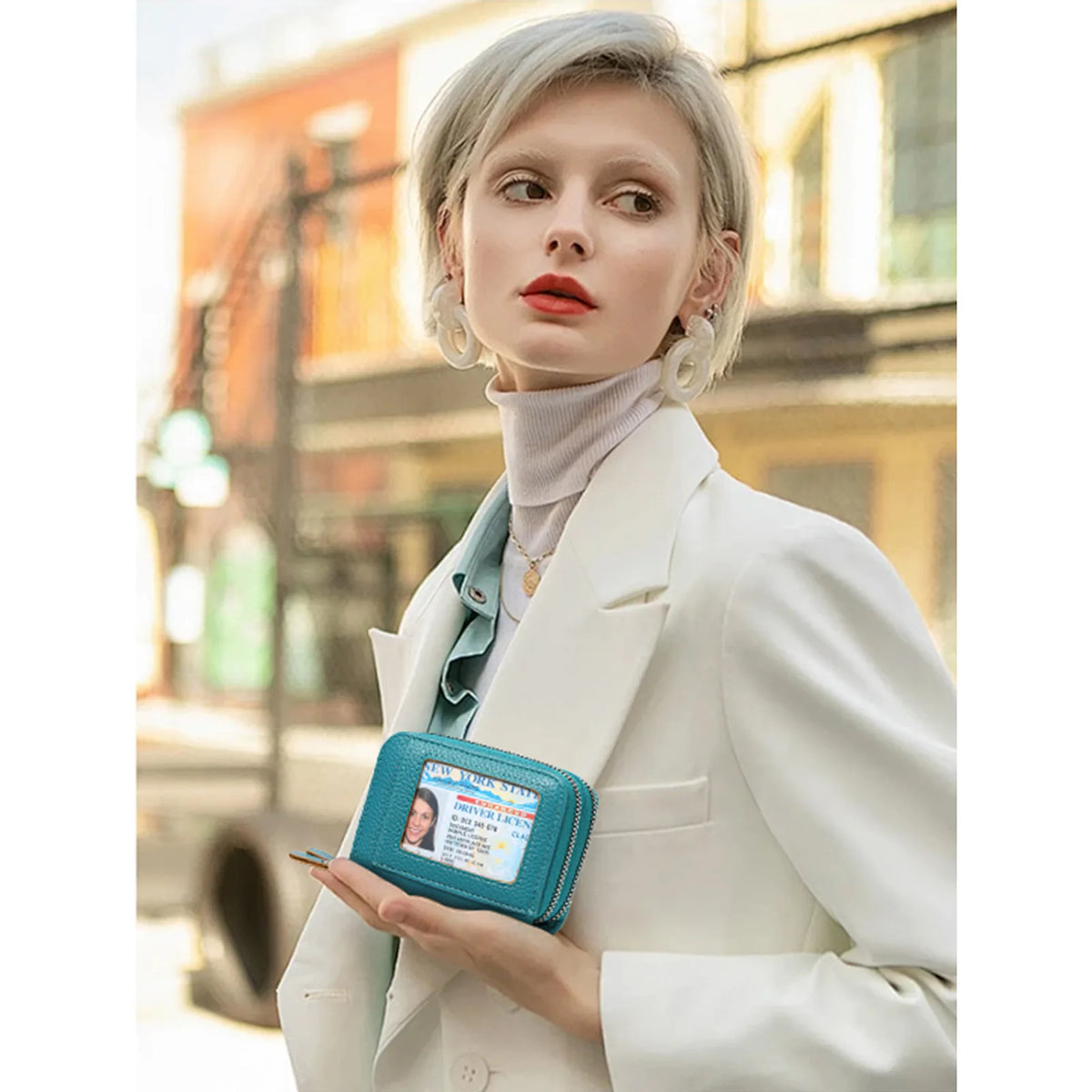 RFID Blocking Double Zipper Card Wallet Clear ID Window PU Leather Multi Card Slots Mini Coin Purse For Women