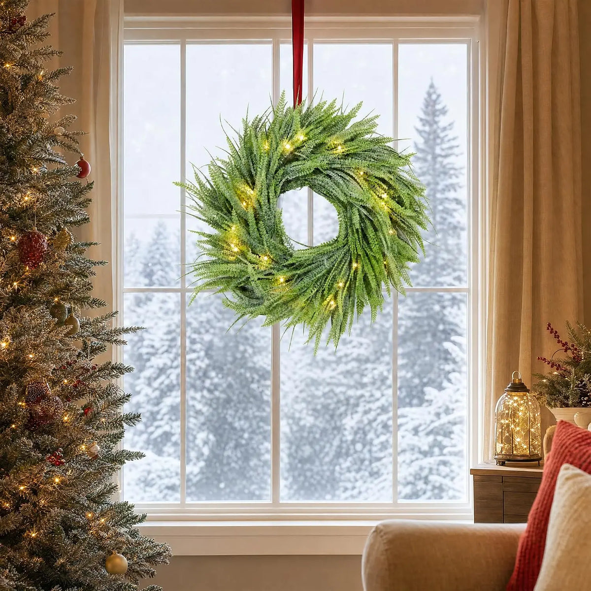 Garvee 24 Inch Christmas Wreath with 8-Function Timer and Battery Operated Artificial Holiday Door Wreath for Indoor & Outdoor New Year Party Xmas Decor