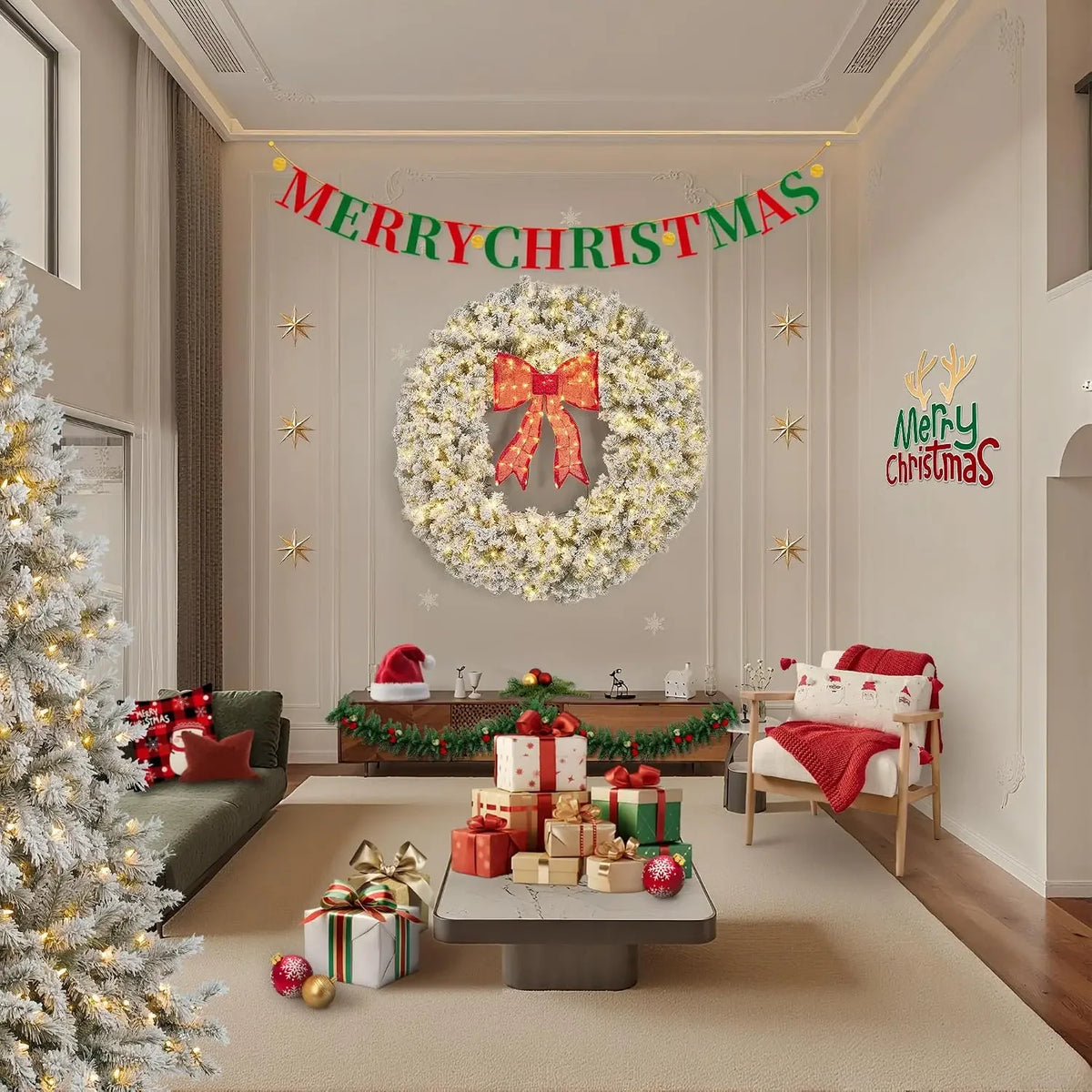 Garvee 48inch Pre-Lit Flocked Christmas Wreath with Red Bow & Warm White Lights Weather-Resistant PVC Holiday Door Decor for Indoor/Outdoor Use