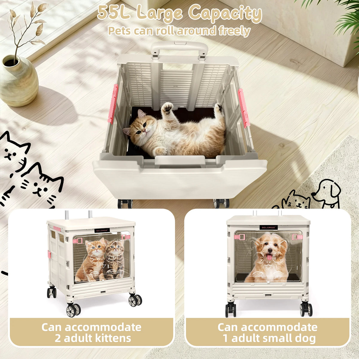2-in-1 Foldable Shopping Cart & Rolling Pet Carrier, 55L Collapsible Utility Cart with Wheels, Pet Carrier with Telescopic Handle for Cats & Small Dogs, Portable Grocery Cart for Picnic, Travel
