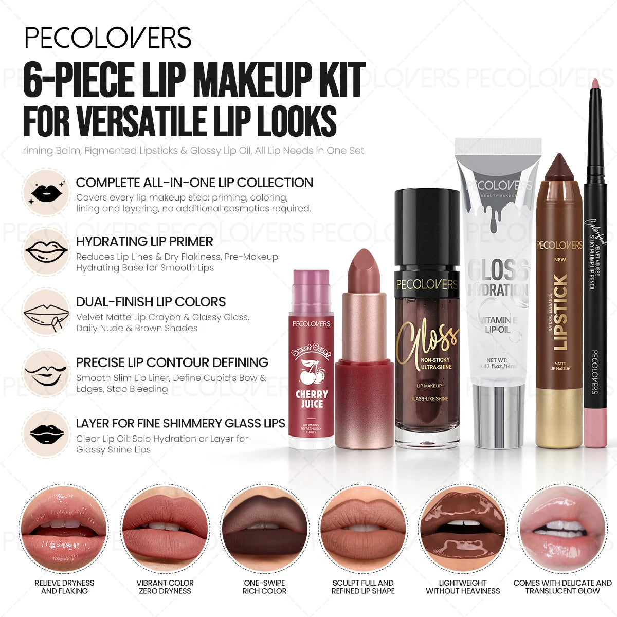 6PCS/Set Lip Makeup Set, Matte Lip Liner & Moisturizing Transparent Lip Oil & Lip Liner Lipstick Pen & Moisturize Lip Gloss & Red Nude Lipstick & Fruit Cherry Flavored Lip Balm, Create Rich Lip Makeup