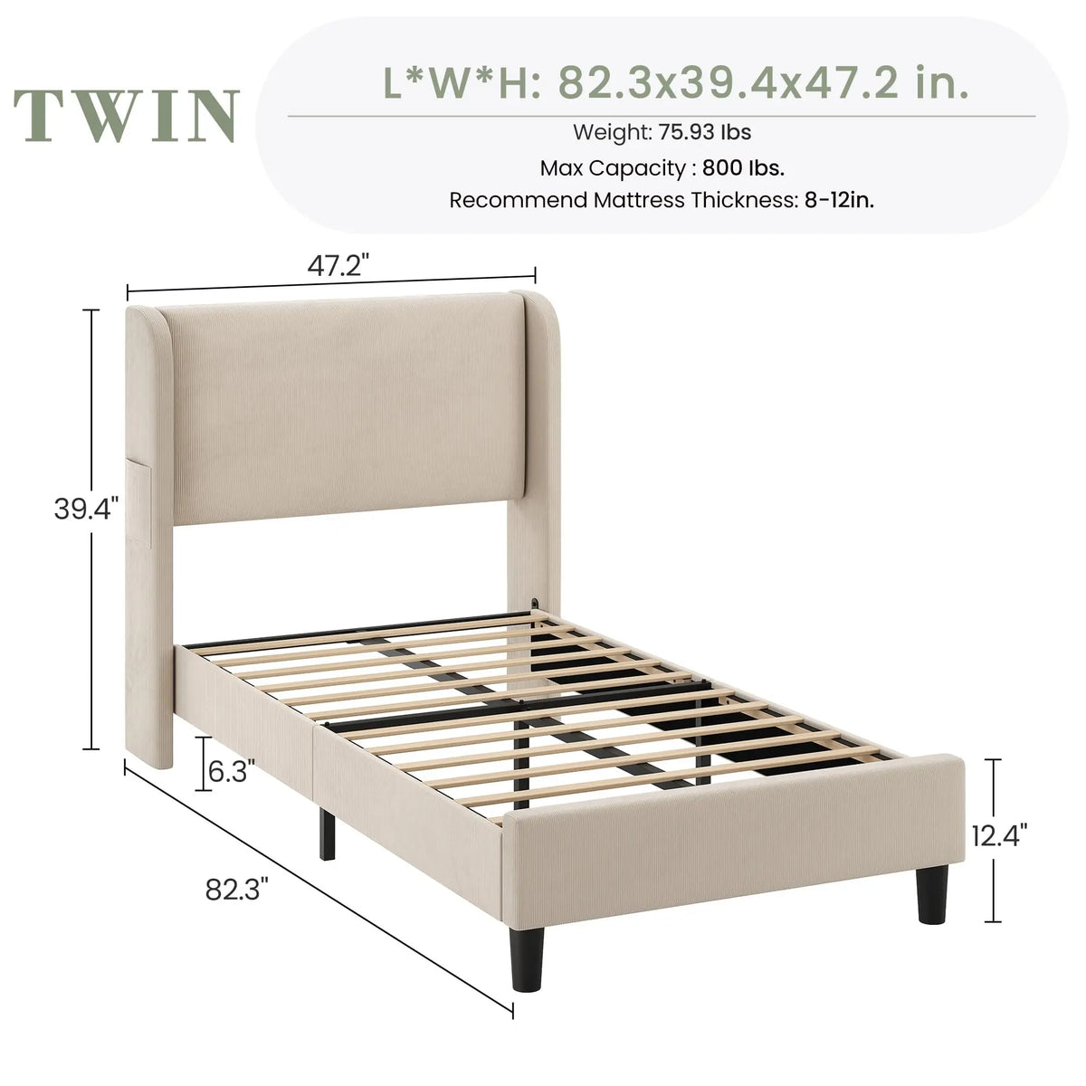 Gaomon Modern Wingback Upholstered Bed Frame With Wooden Slats