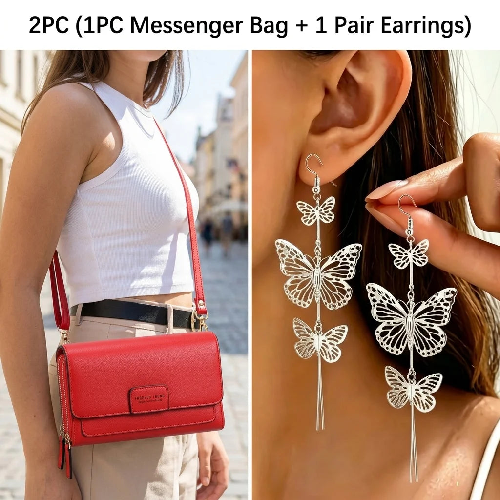 2PC(1PC Messenger Bag+1 Pair Earrings )Women's Small Shoulder Crossbody Bag and Elegant Long Drop Earrings,Hollow Butterfly Tassel Earrings,Bohemian Style, Mobile Phone Card Wallet Bag,Casual Handbag for Party Birthday,Daily