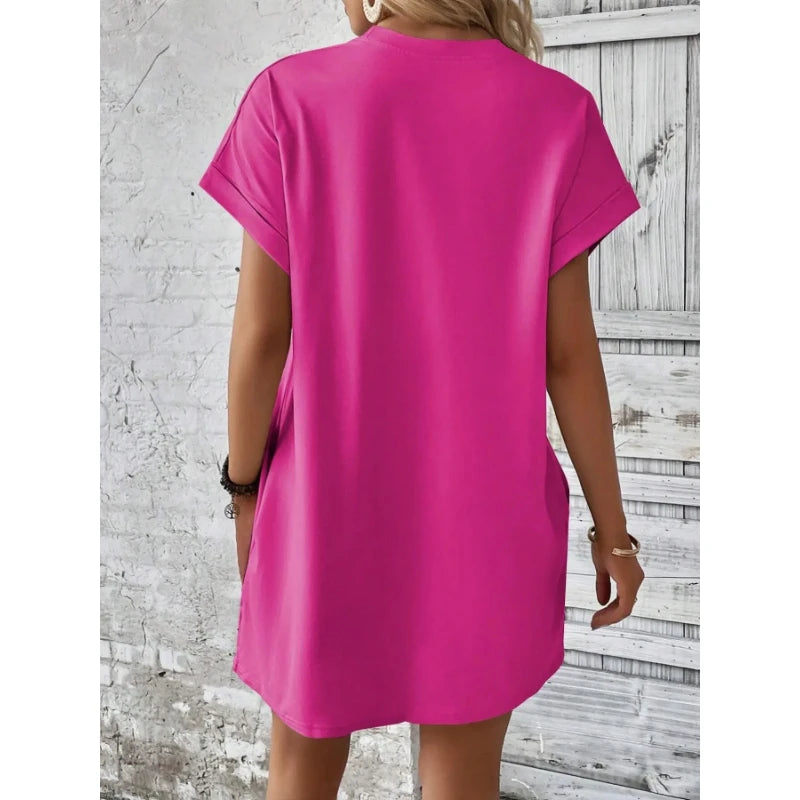 Women's Simple Solid Color Pocket Bat-Sleeve T-Shirt Dress, Summer Casual Round-Neck Short Dress with Rolled Sleeves, Casual Everyday Wear, Fashionable Women's Loose Dress, Apricot Color