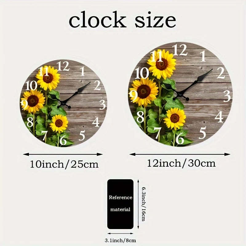 Rustic Sunflower-Themed Silent Wall Clock - Decorative Round Wooden Clock with Vibrant Floral Design, Quiet Operation for Home Decor & Gift, AA Battery Required (Not Included), Wall Clock Living Room