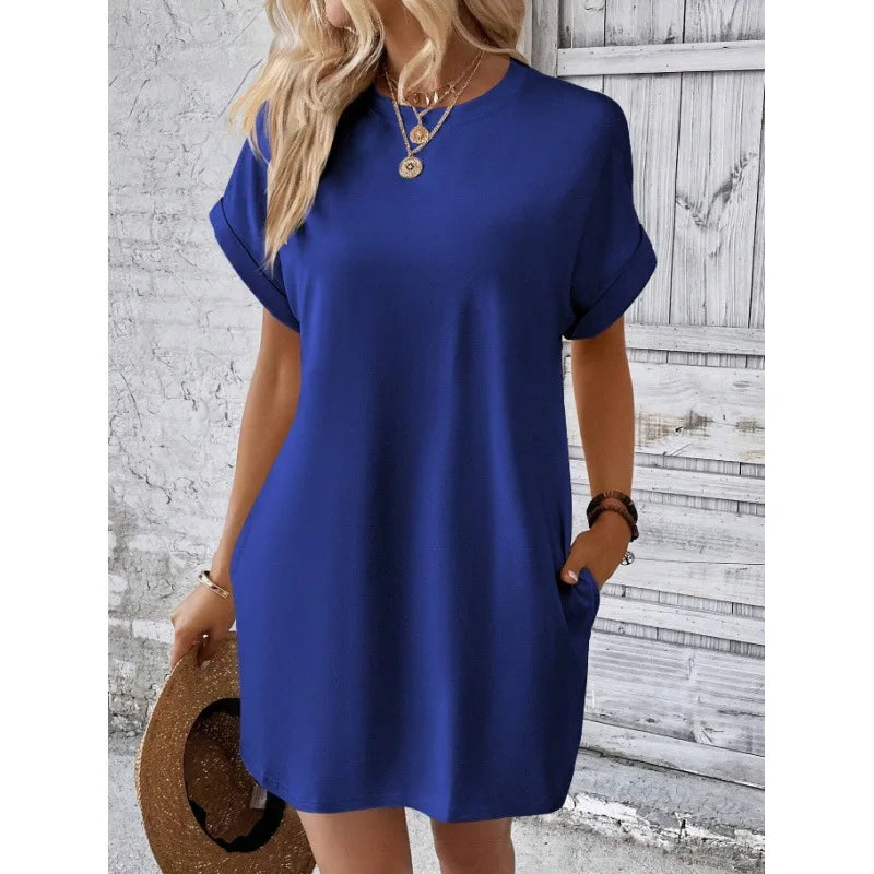 Women's Simple Solid Color Pocket Bat-Sleeve T-Shirt Dress, Summer Casual Round-Neck Short Dress with Rolled Sleeves, Casual Everyday Wear, Fashionable Women's Loose Dress, Apricot Color