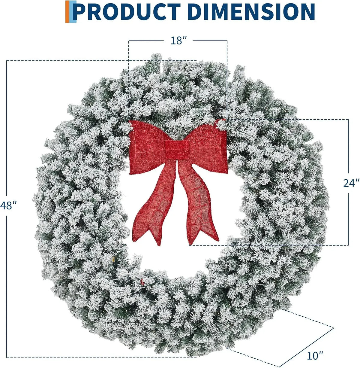 Garvee 48inch Pre-Lit Flocked Christmas Wreath with Red Bow & Warm White Lights Weather-Resistant PVC Holiday Door Decor for Indoor/Outdoor Use