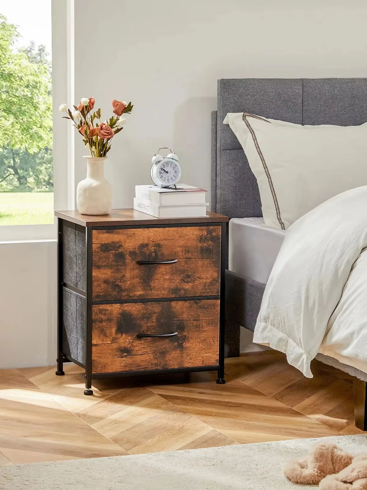 JHK Modern Metal Nightstand With Fabric Drawer Storage Cabinet