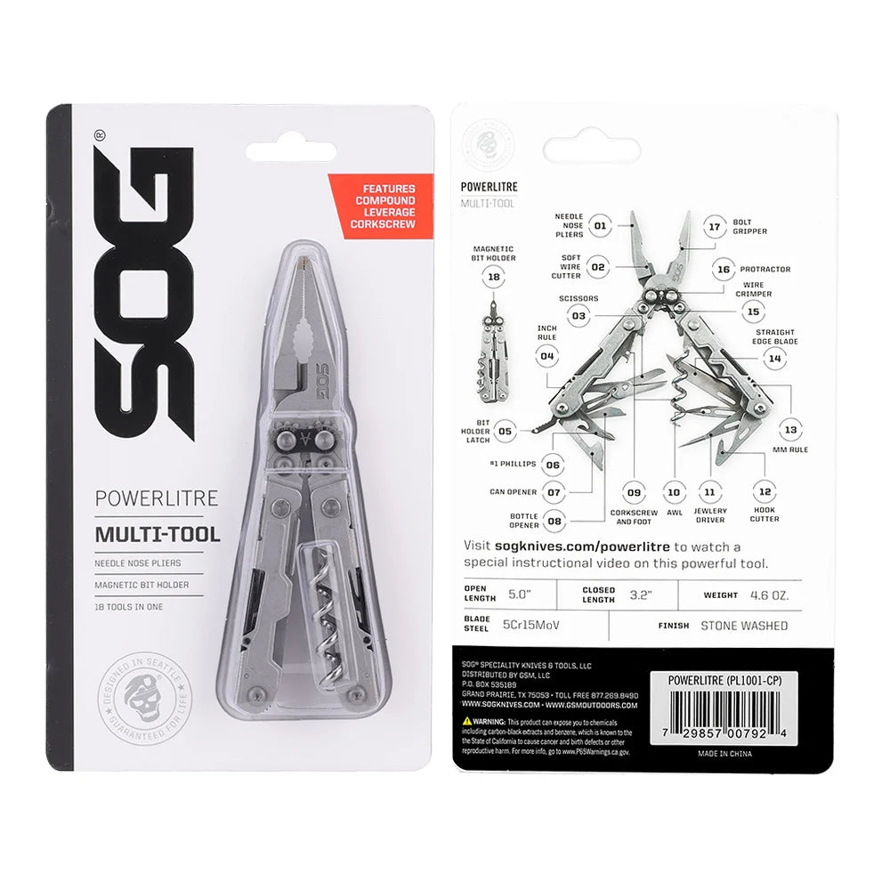 SOG PowerLitre 19-Function Stainless Steel Compact Multitool With Corkscrew