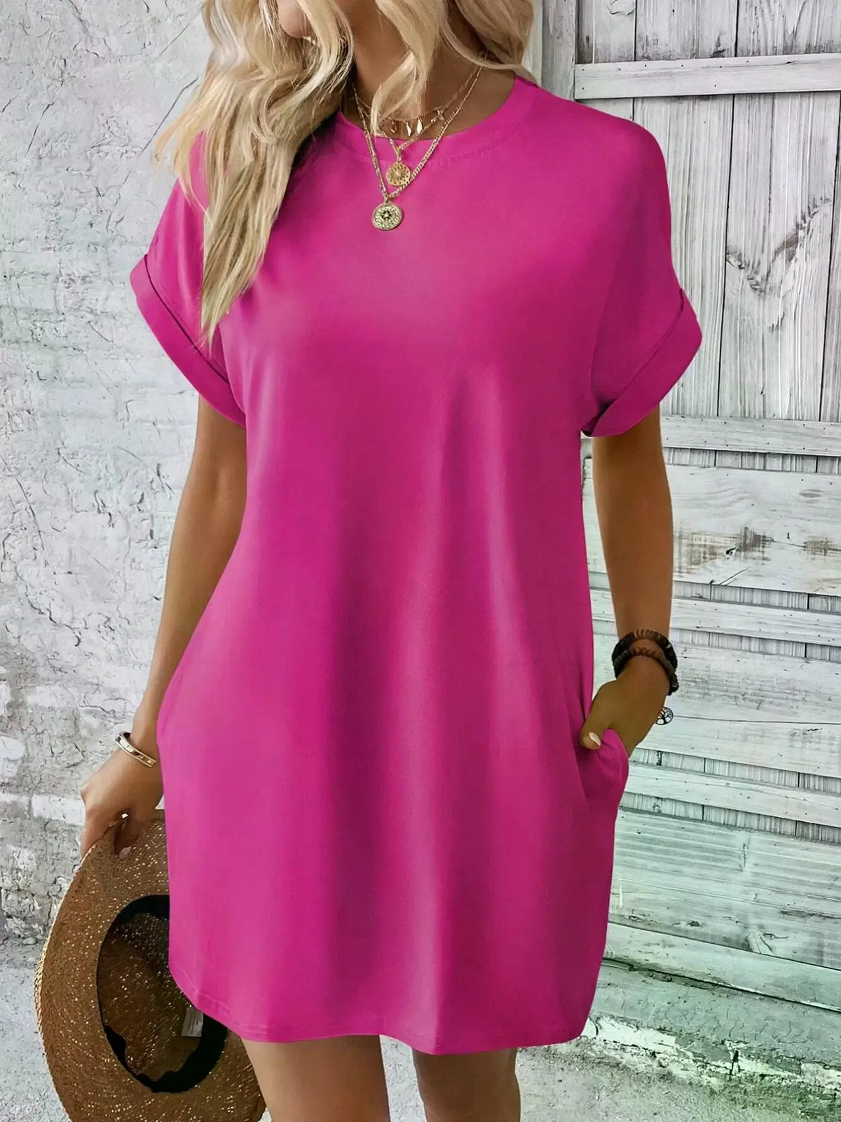Women's Simple Solid Color Pocket Bat-Sleeve T-Shirt Dress, Summer Casual Round-Neck Short Dress with Rolled Sleeves, Casual Everyday Wear, Fashionable Women's Loose Dress, Apricot Color
