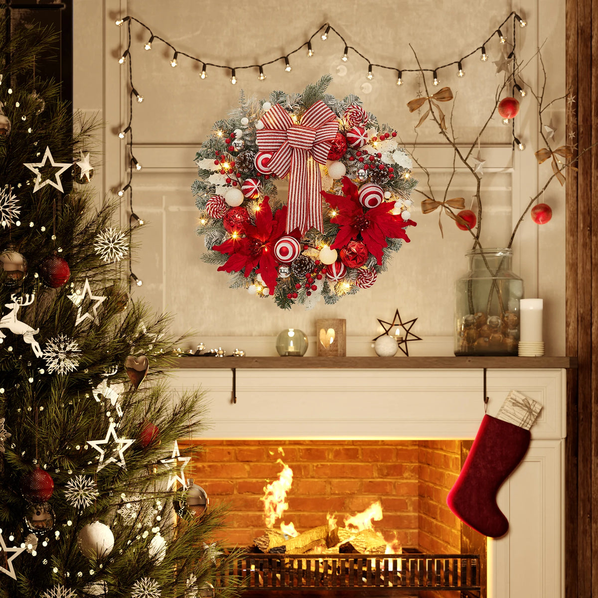24" Pre-Lit Christmas Wreath, Artificial Flocked Garland with Red Bow, Poinsettias, Ball Ornaments, Pinecones & 8 Modes LED Lights for Front Door, Fireplace, Wall & Window Decor