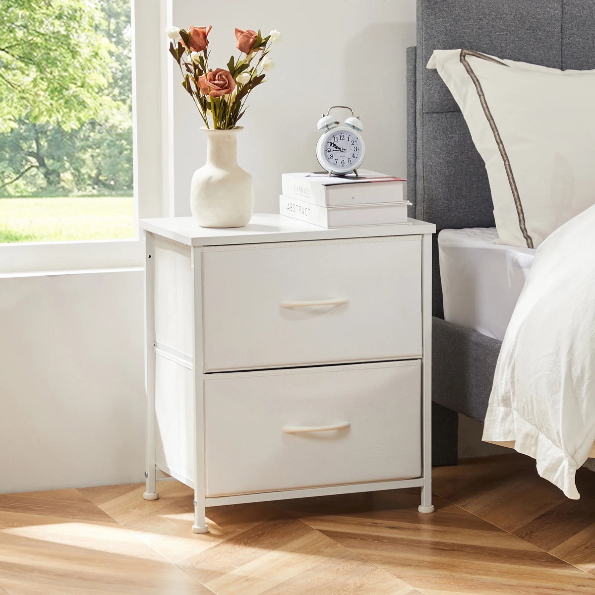 JHK Modern Metal Nightstand With Fabric Drawer Storage Cabinet