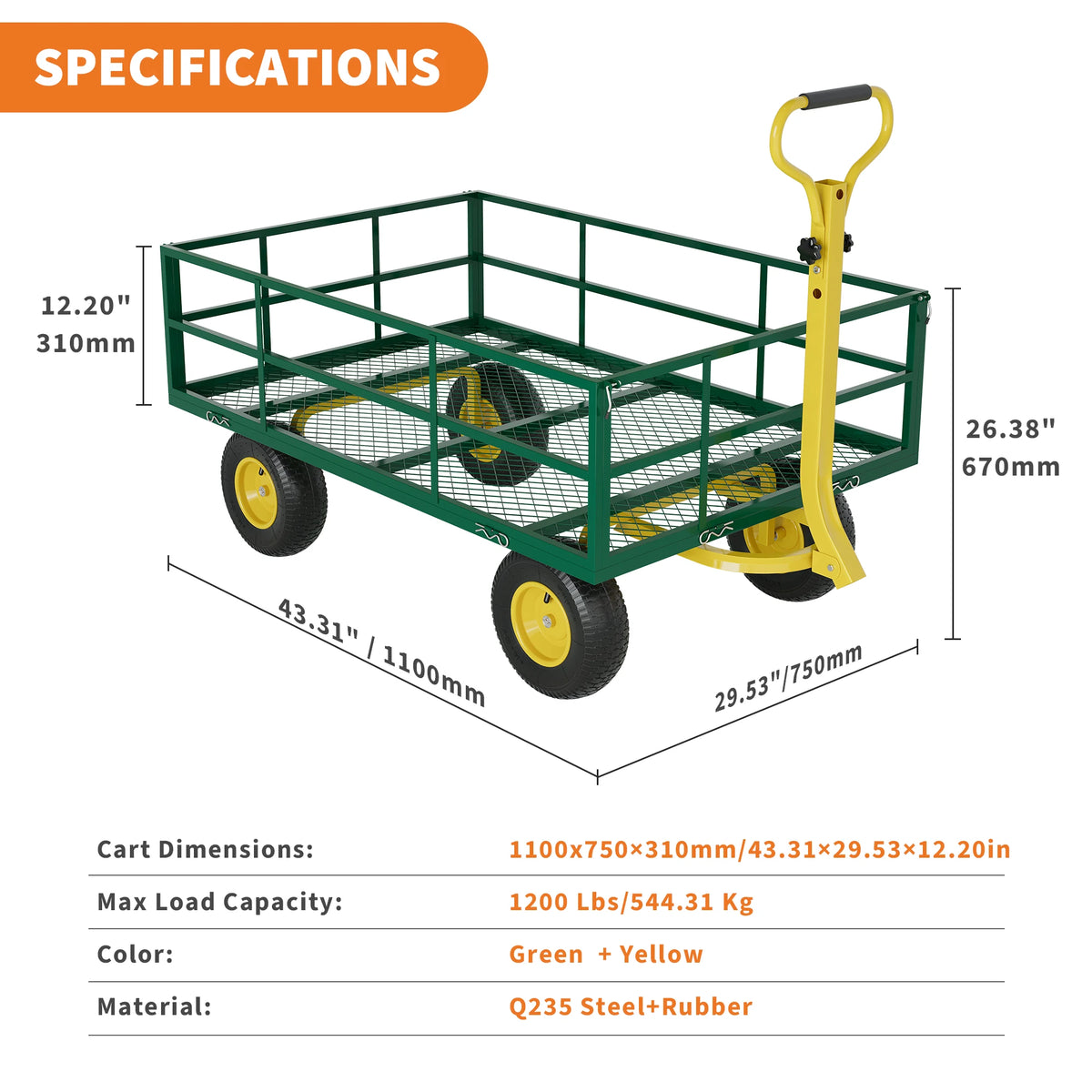 HiMiss Heavy Duty Steel Garden Wagon For Yard And Tools