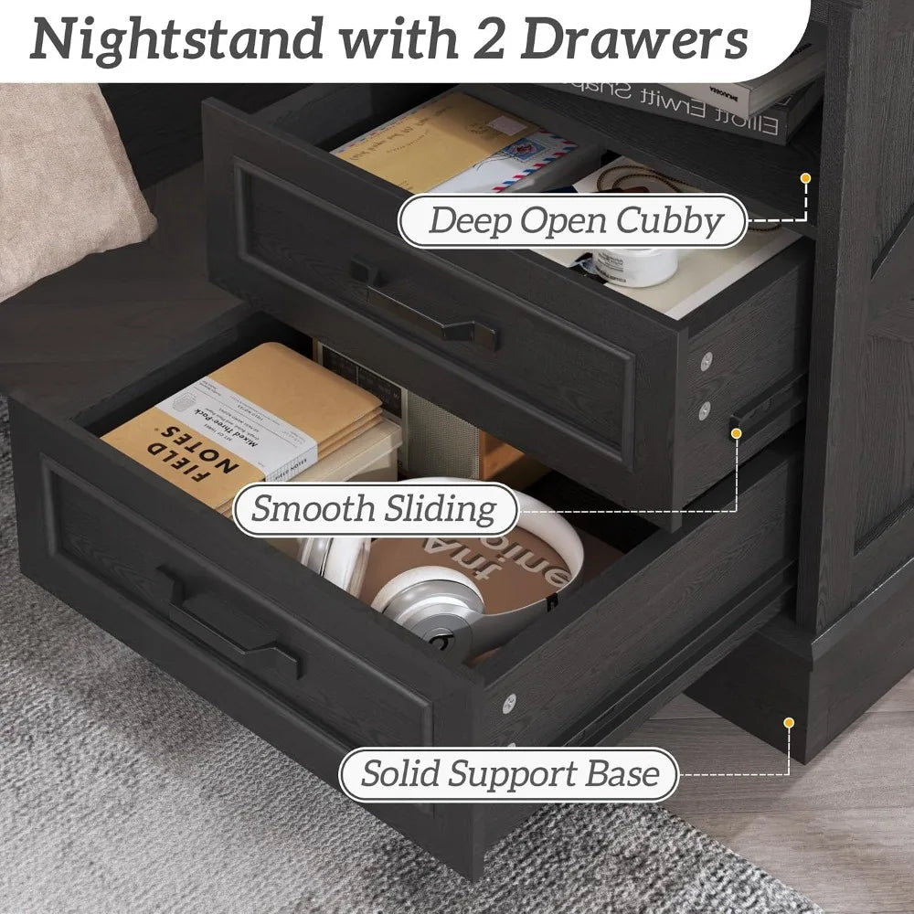 Farmhouse Nightstands Set With Drawers And Fast Charging Station