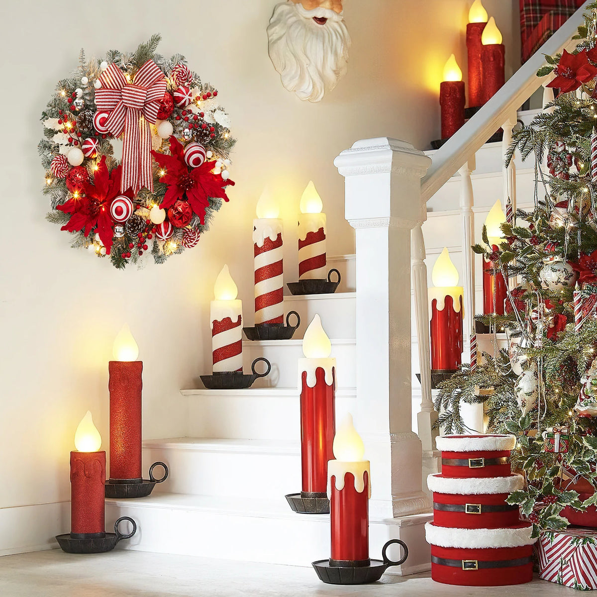 24" Pre-Lit Christmas Wreath, Artificial Flocked Garland with Red Bow, Poinsettias, Ball Ornaments, Pinecones & 8 Modes LED Lights for Front Door, Fireplace, Wall & Window Decor