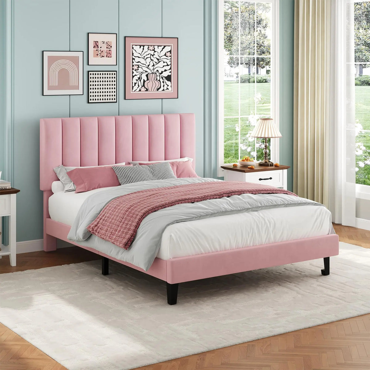 HiMISS Upholstered Platform Bed With Adjustable Tufted Headboard Wood Slats