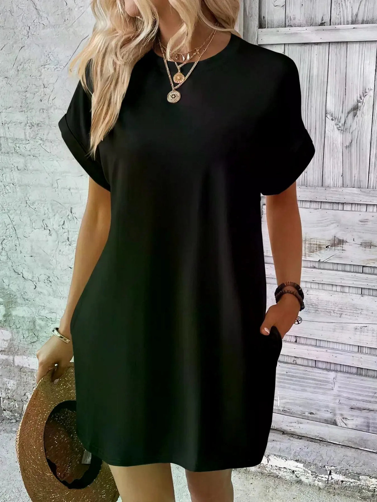 Women's Simple Solid Color Pocket Bat-Sleeve T-Shirt Dress, Summer Casual Round-Neck Short Dress with Rolled Sleeves, Casual Everyday Wear, Fashionable Women's Loose Dress, Apricot Color