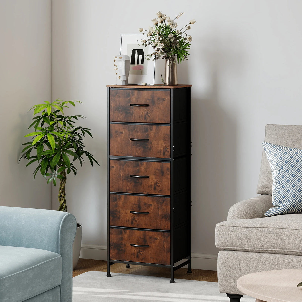 JHK Modern Five Fabric Drawers Storage Cabinet With Steel Frame