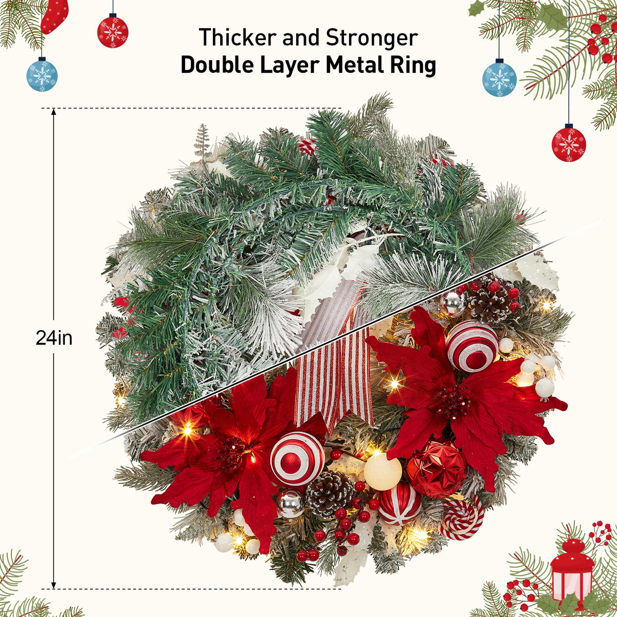 24" Pre-Lit Christmas Wreath, Artificial Flocked Garland with Red Bow, Poinsettias, Ball Ornaments, Pinecones & 8 Modes LED Lights for Front Door, Fireplace, Wall & Window Decor