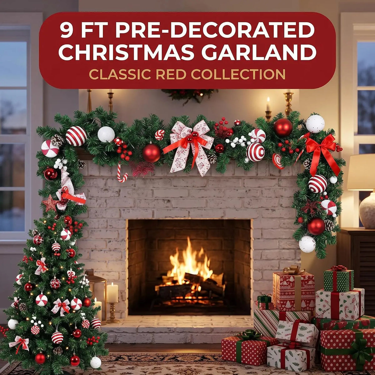 6/9ft Christmas Garland Wreath Artificial Pine with Pinecones and Berries Xmas Tree Hanging Ornaments for Home Outdoor Yard Party Door Fireplace Stair Decoration