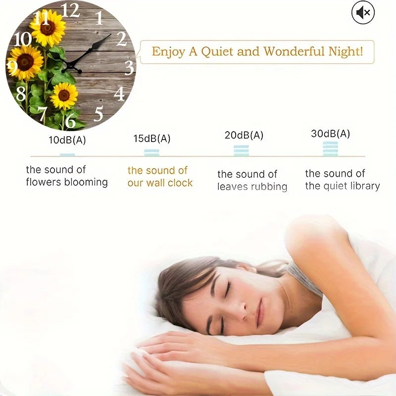 Rustic Sunflower-Themed Silent Wall Clock - Decorative Round Wooden Clock with Vibrant Floral Design, Quiet Operation for Home Decor & Gift, AA Battery Required (Not Included), Wall Clock Living Room