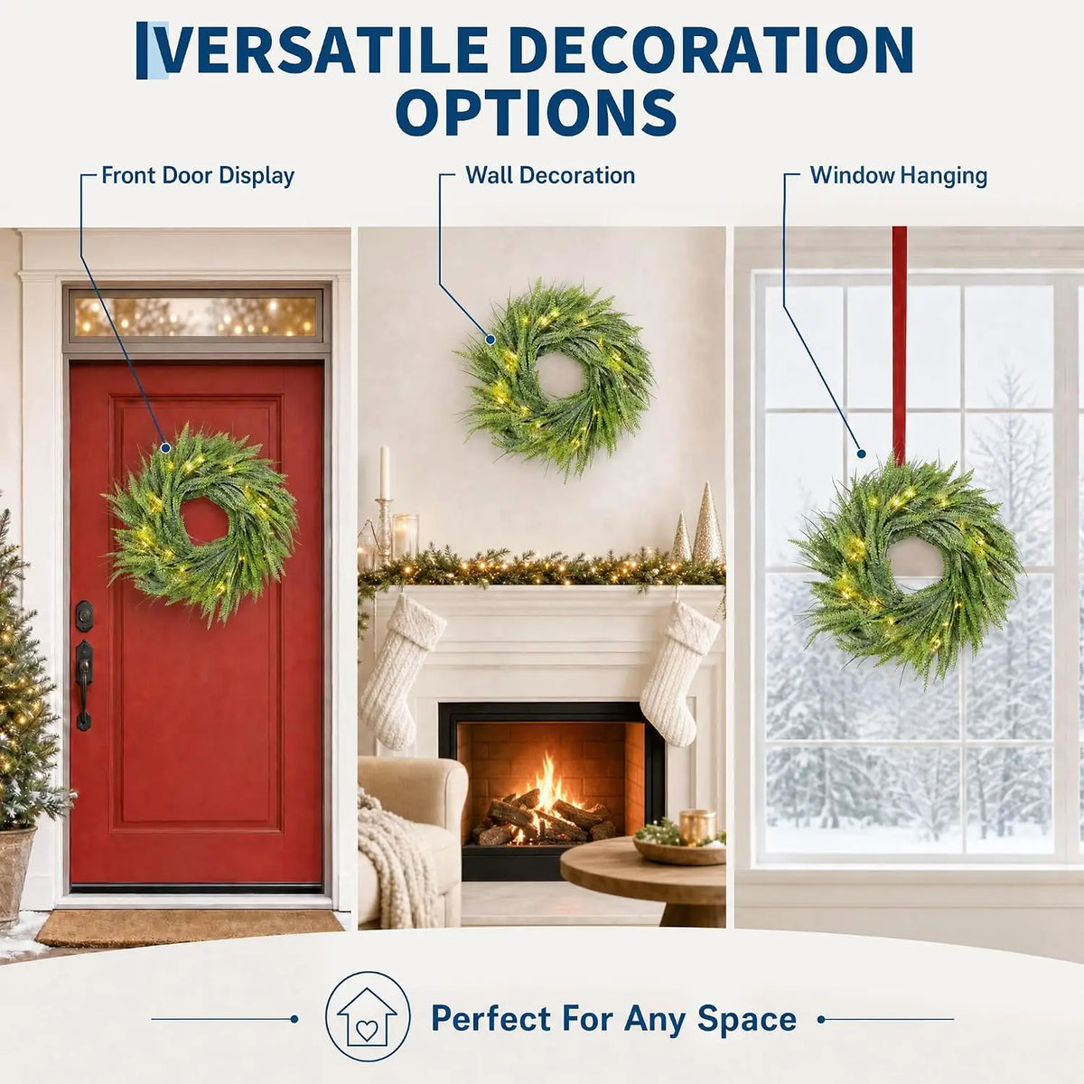 Garvee 24 Inch Christmas Wreath with 8-Function Timer and Battery Operated Artificial Holiday Door Wreath for Indoor & Outdoor New Year Party Xmas Decor