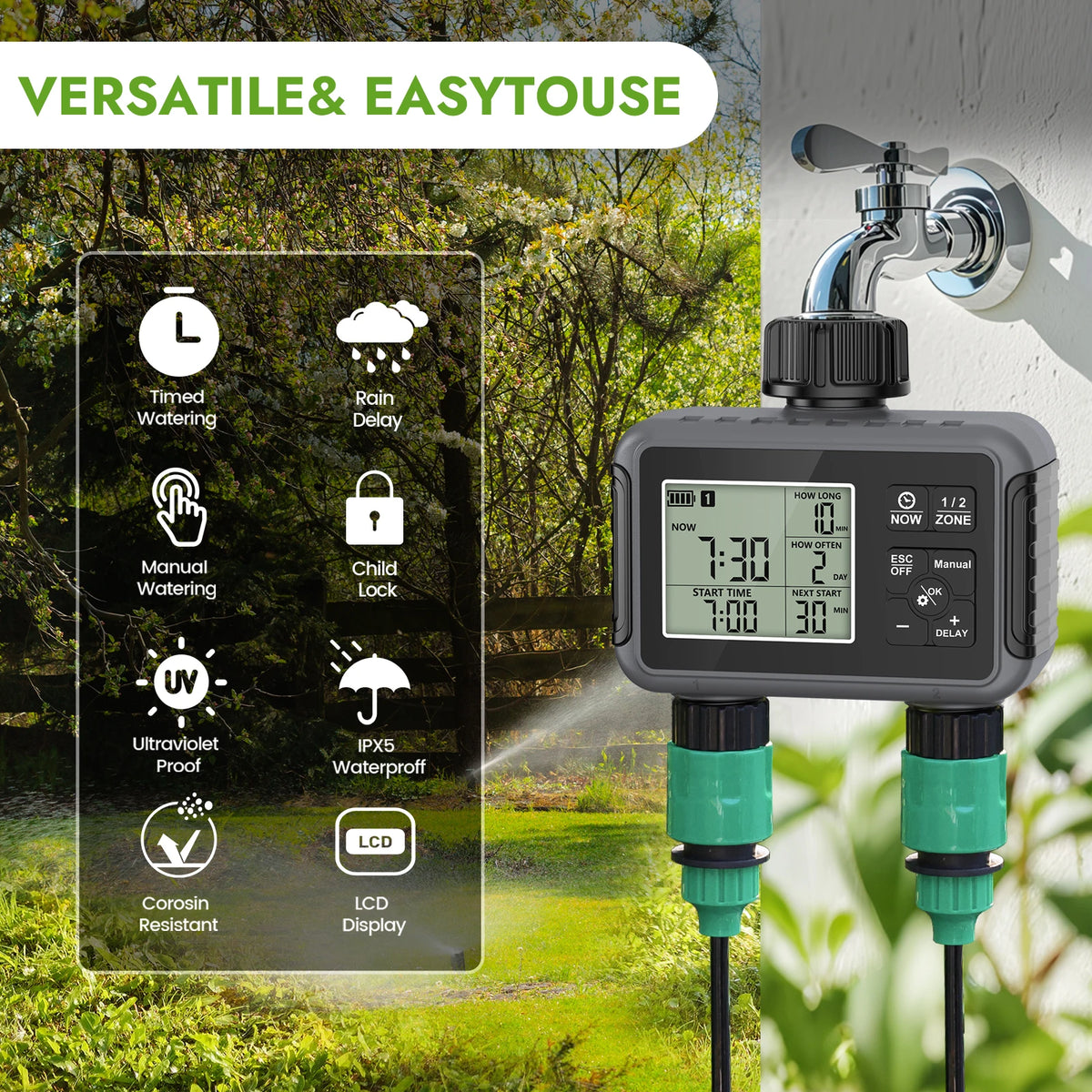 Lanriyuz Dual Zone Smart Garden Watering Timer With Mist Spray