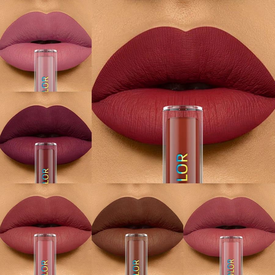 6pcs Different Colors Matte Lip Glaze Set Velvet Lip Gloss Waterproof Liquid Lipstick Nude Black Lips Tint Makeup Lip Glaze Cosmetics for Women Gifts Sexy Red Lip Stain Beauty