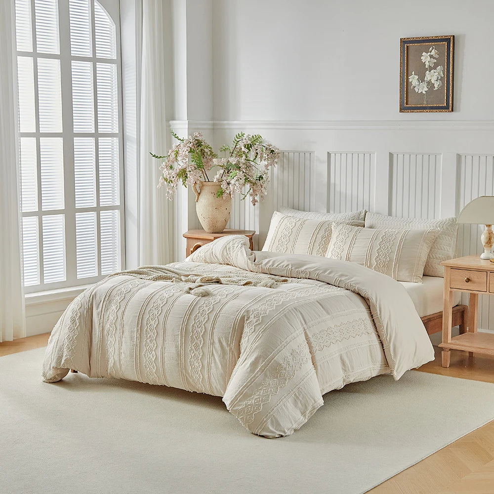Zeby Boho Stripes Floral Duvet Cover Set Comfortable Bedding