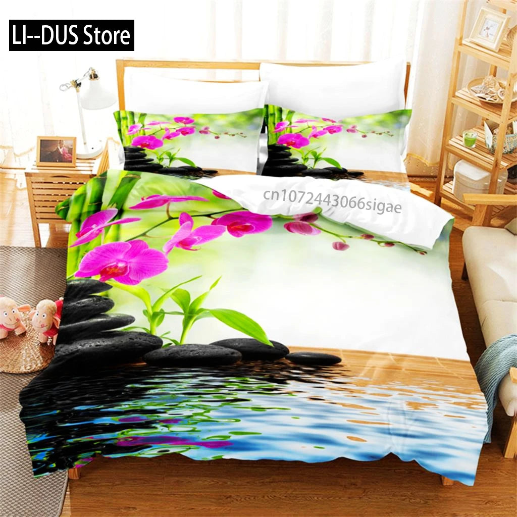 Pink Lotus Duvet Cover Set Featuring Stream Water Design Bedding