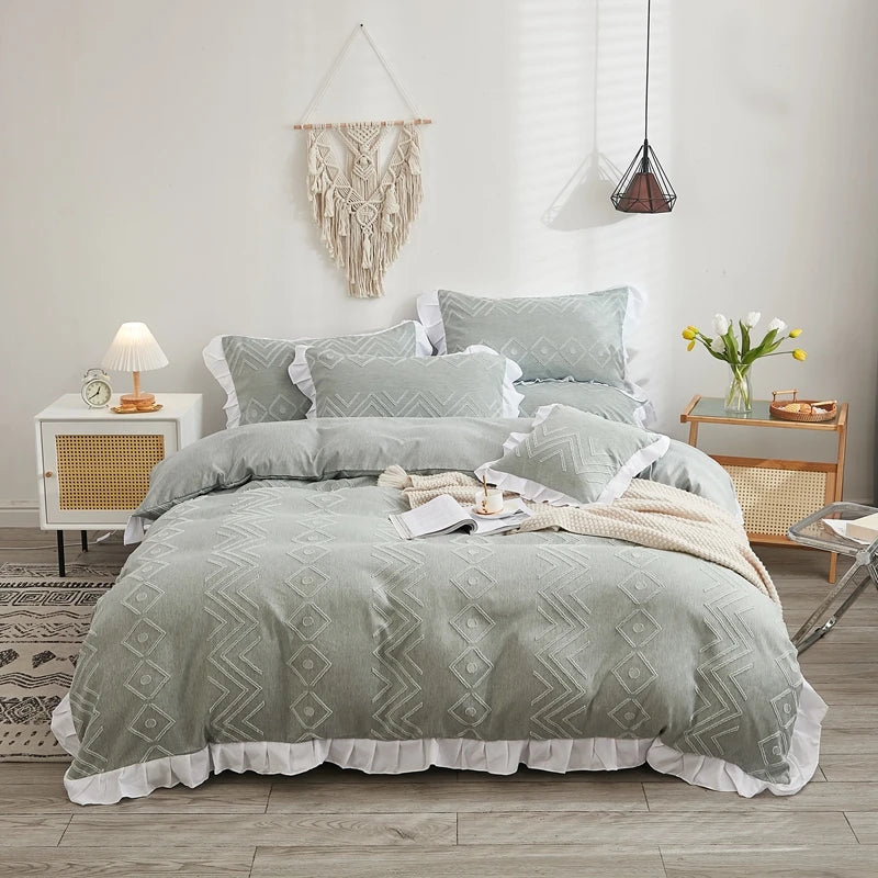 Luxo Premium Boho Flower Textured Ruffles Duvet Cover Set