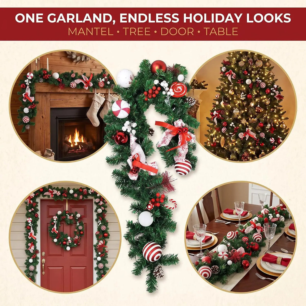6/9ft Christmas Garland Wreath Artificial Pine with Pinecones and Berries Xmas Tree Hanging Ornaments for Home Outdoor Yard Party Door Fireplace Stair Decoration