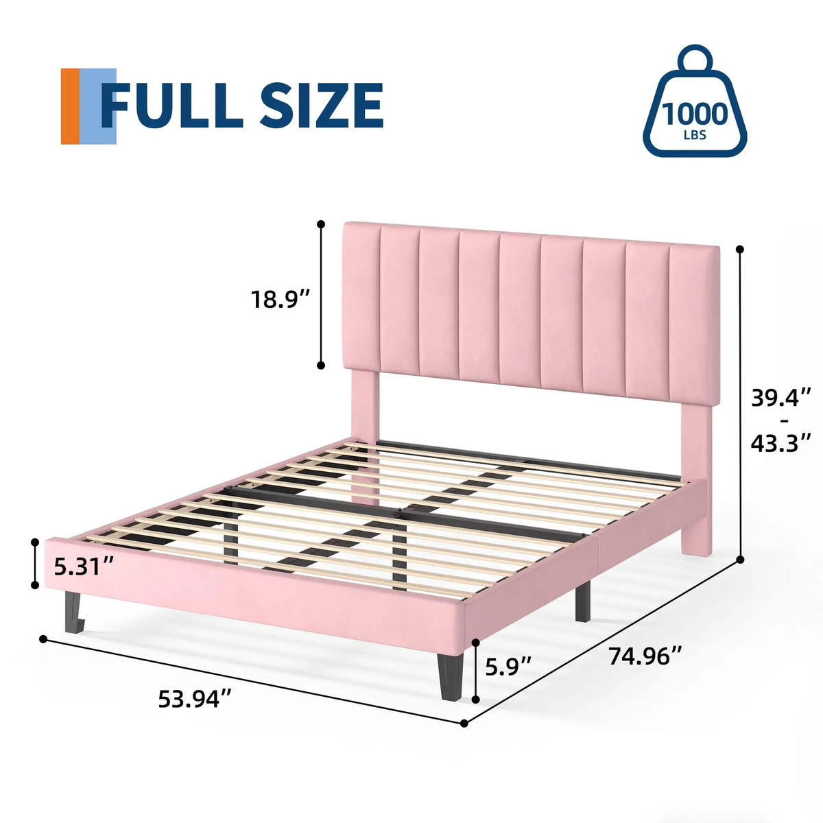 HiMISS Upholstered Platform Bed With Adjustable Tufted Headboard Wood Slats