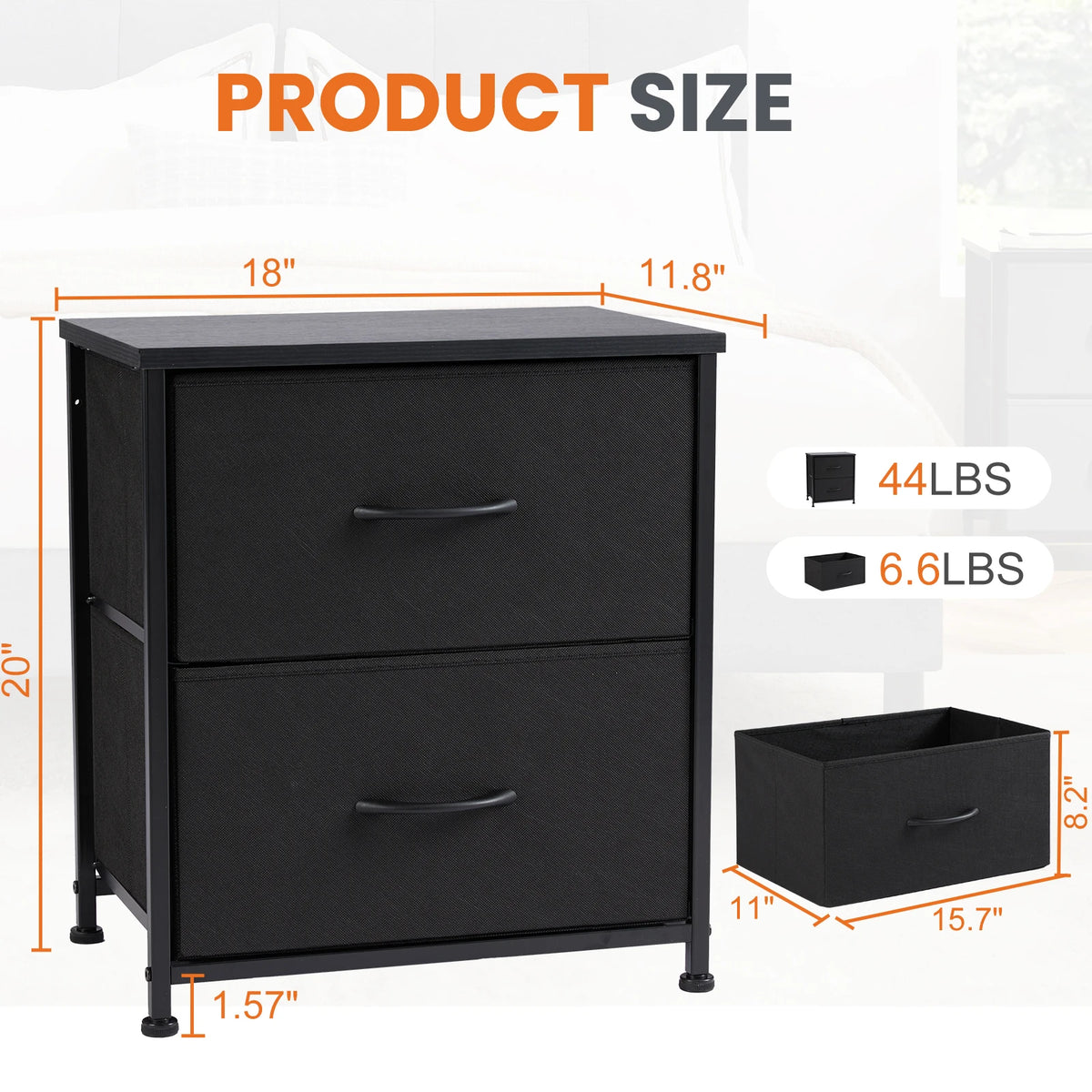 JHK Modern Metal Nightstand With Fabric Drawer Storage Cabinet