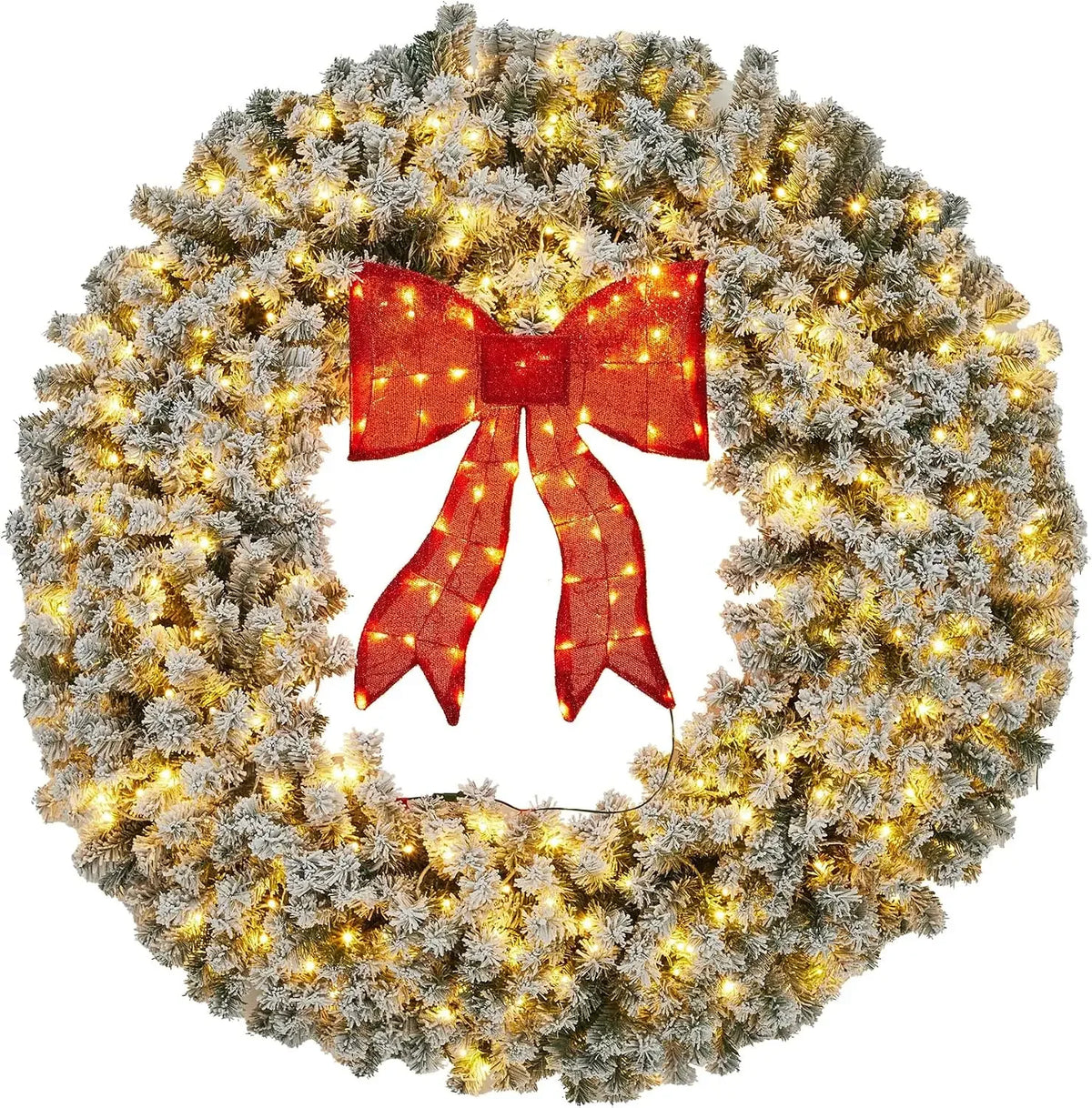 Garvee 48inch Pre-Lit Flocked Christmas Wreath with Red Bow & Warm White Lights Weather-Resistant PVC Holiday Door Decor for Indoor/Outdoor Use